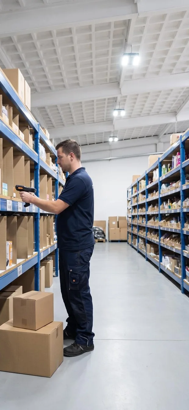 IDL PrepCenter team member scanning stock in the warehouse